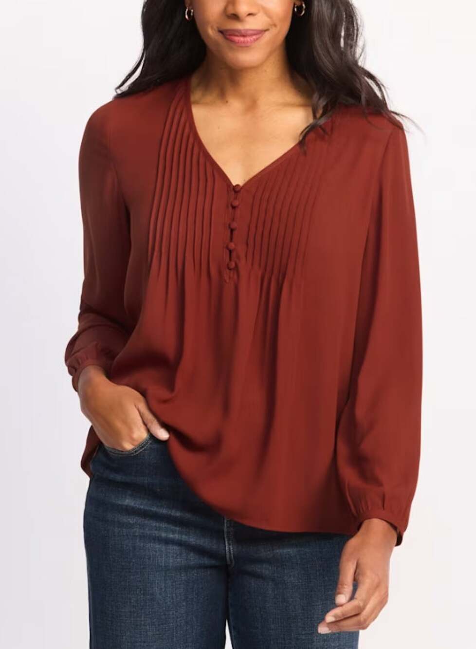DANIEL RAINN Womens Pleated Palmer Blouse Medium Red Fired Brick Long Sleeve NWT